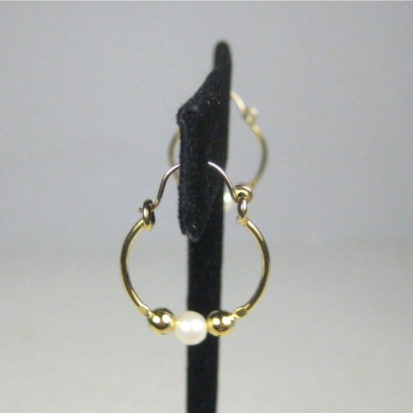 Imitation Pearl Earrings Pierced Women Jewelry Hinged Hoop Dangle Goldtone - Picture 5 of 5